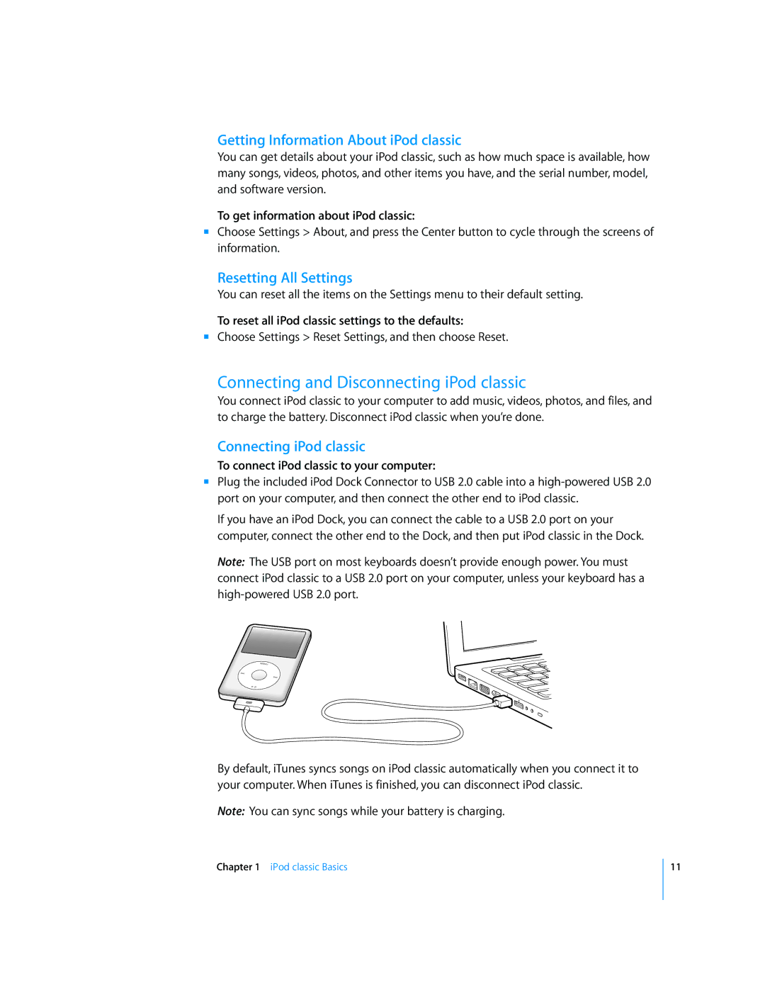 Apple MB029LL/A Connecting and Disconnecting iPod classic, Getting Information About iPod classic, Resetting All Settings 