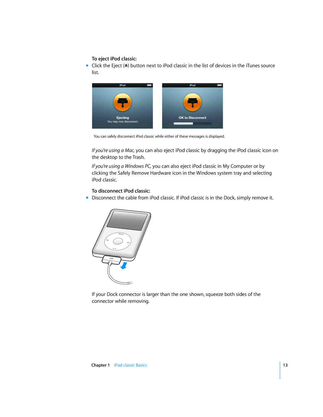 Apple FB145LL/A, FB150LL/A, FB147LL/A, FB029LL/A, A1238, MB029ZY/A, MB150 To eject iPod classic, To disconnect iPod classic 