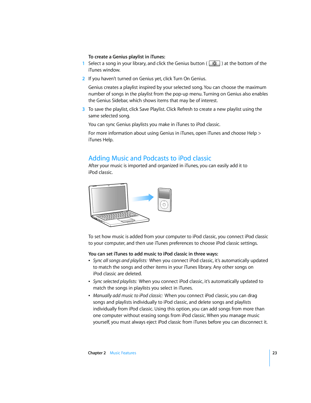 Apple MB562CH/A, FB145LL/A, FB150LL/A manual Adding Music and Podcasts to iPod classic, To create a Genius playlist in iTunes 