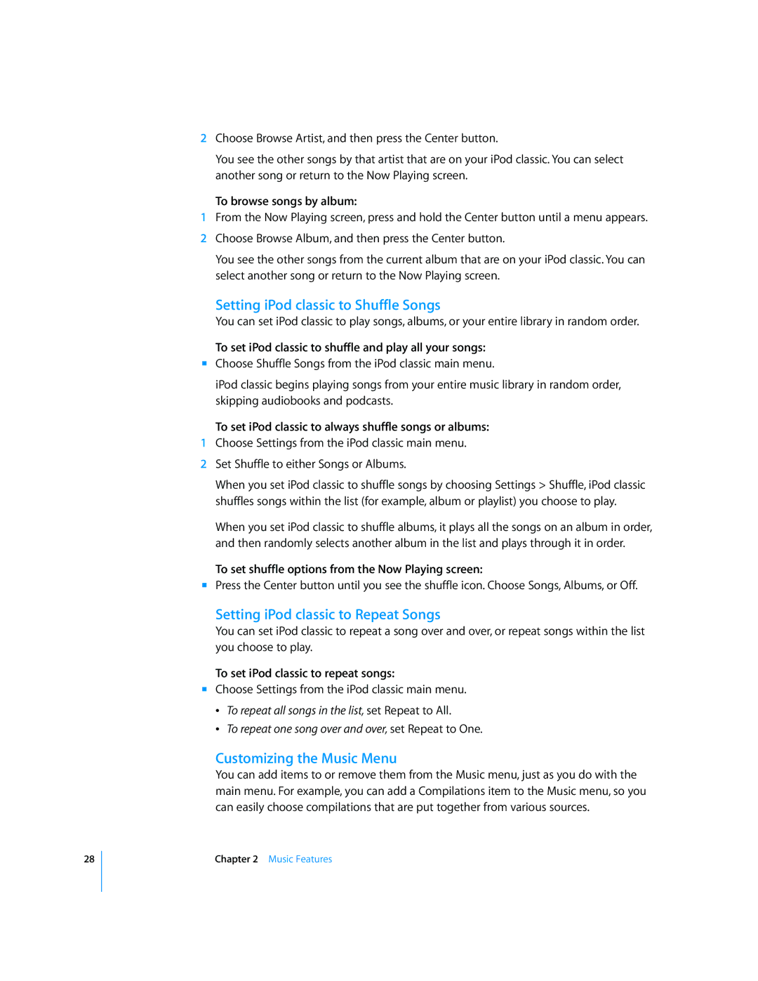 Apple A1238, MB029 Setting iPod classic to Shuffle Songs, Setting iPod classic to Repeat Songs, Customizing the Music Menu 