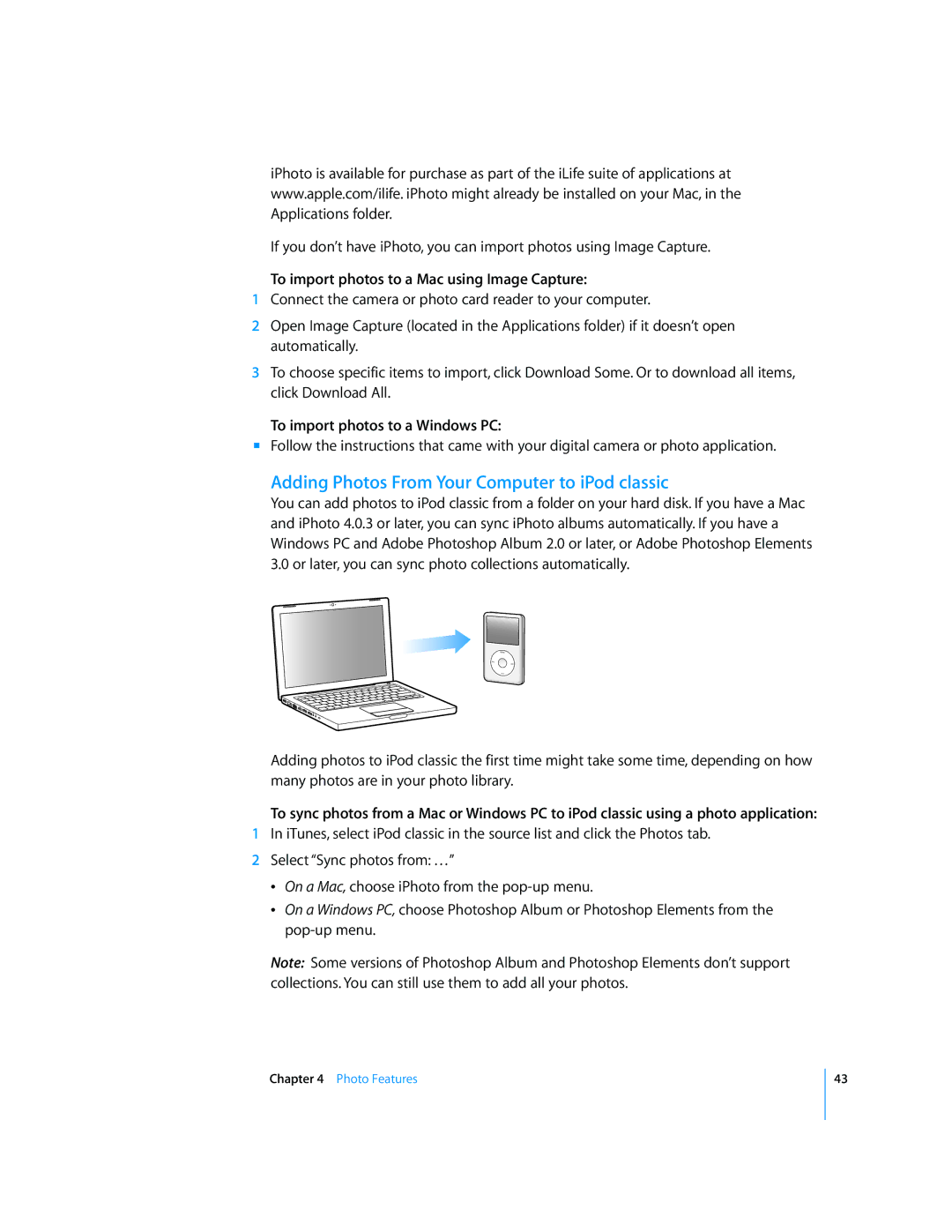 Apple MB565LL/A, FB145LL/A Adding Photos From Your Computer to iPod classic, To import photos to a Mac using Image Capture 