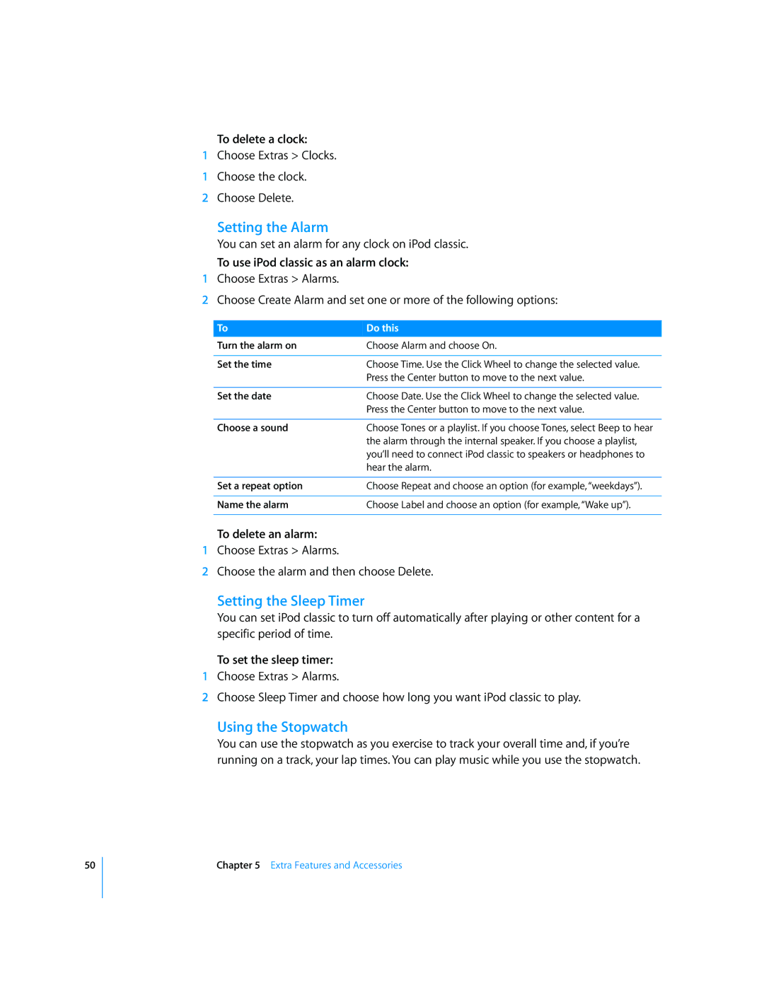 Apple FB147LL/A, FB145LL/A, FB150LL/A, FB029LL/A, A1238, MB029 Setting the Alarm, Setting the Sleep Timer, Using the Stopwatch 