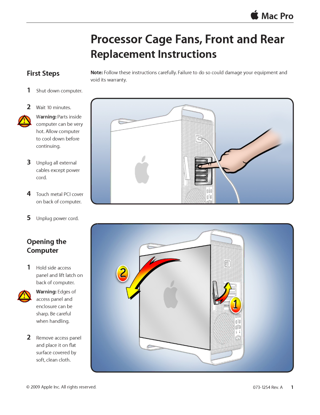 Apple Processor Cage Fans, Front and Rear warranty First Steps, Opening Computer, Unplug power cord 