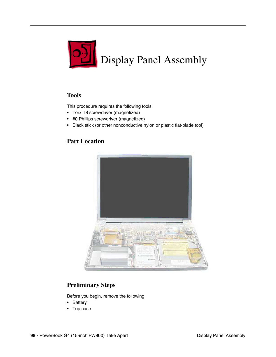 Apple FW800 manual Display Panel Assembly, Tools 