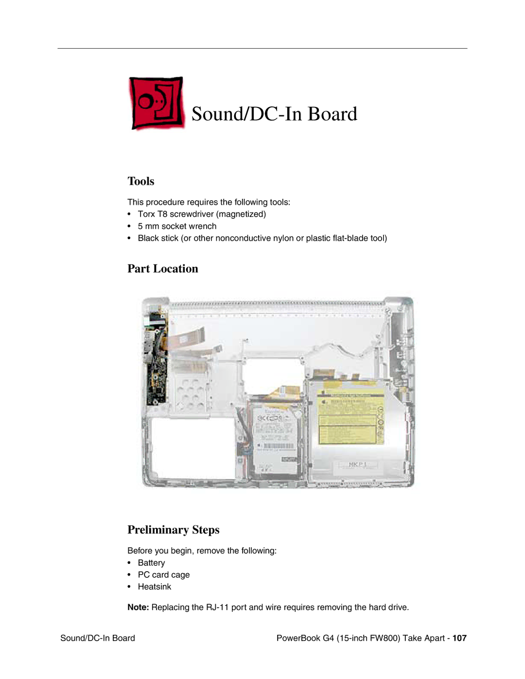 Apple FW800 manual Sound/DC-In Board, Tools 