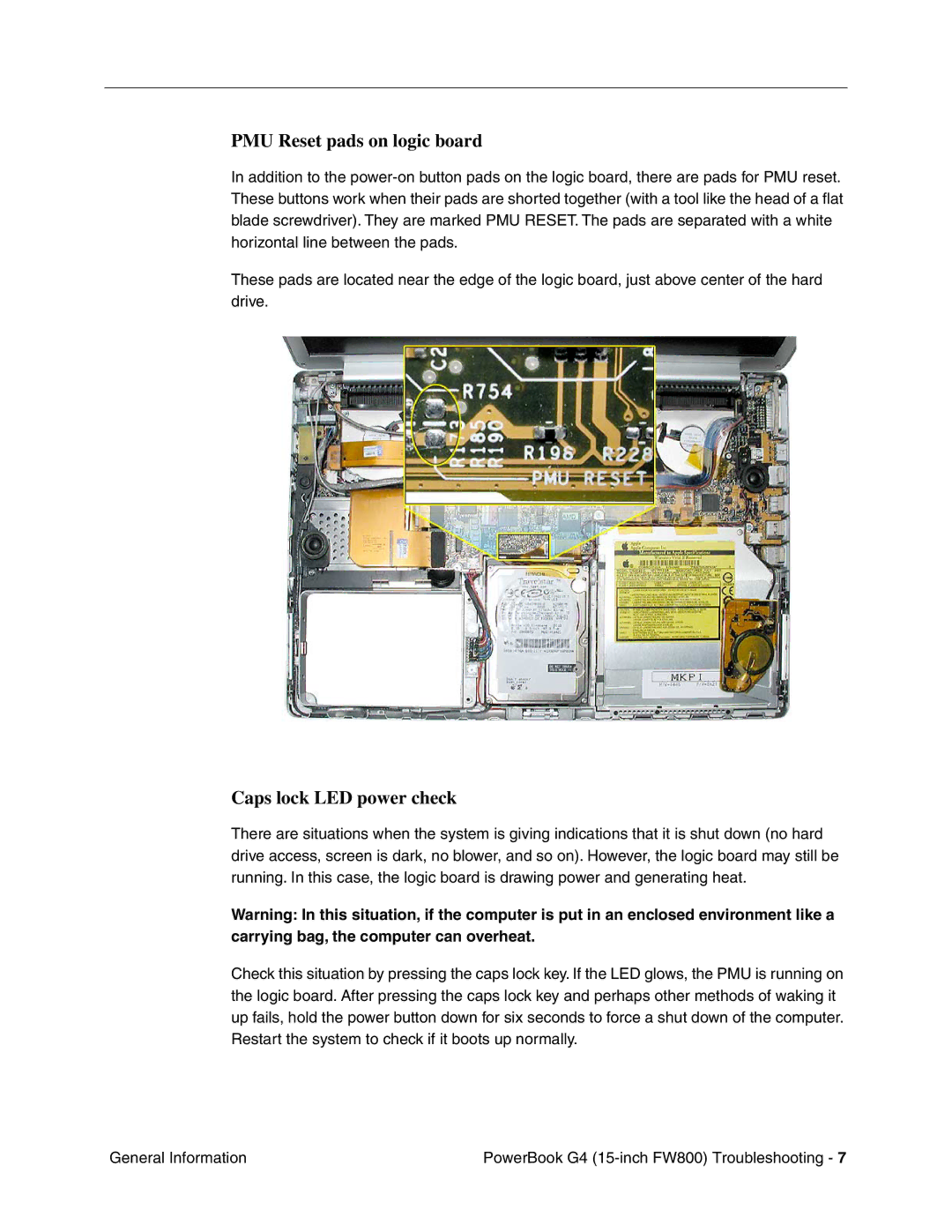 Apple FW800 manual PMU Reset pads on logic board, Caps lock LED power check 