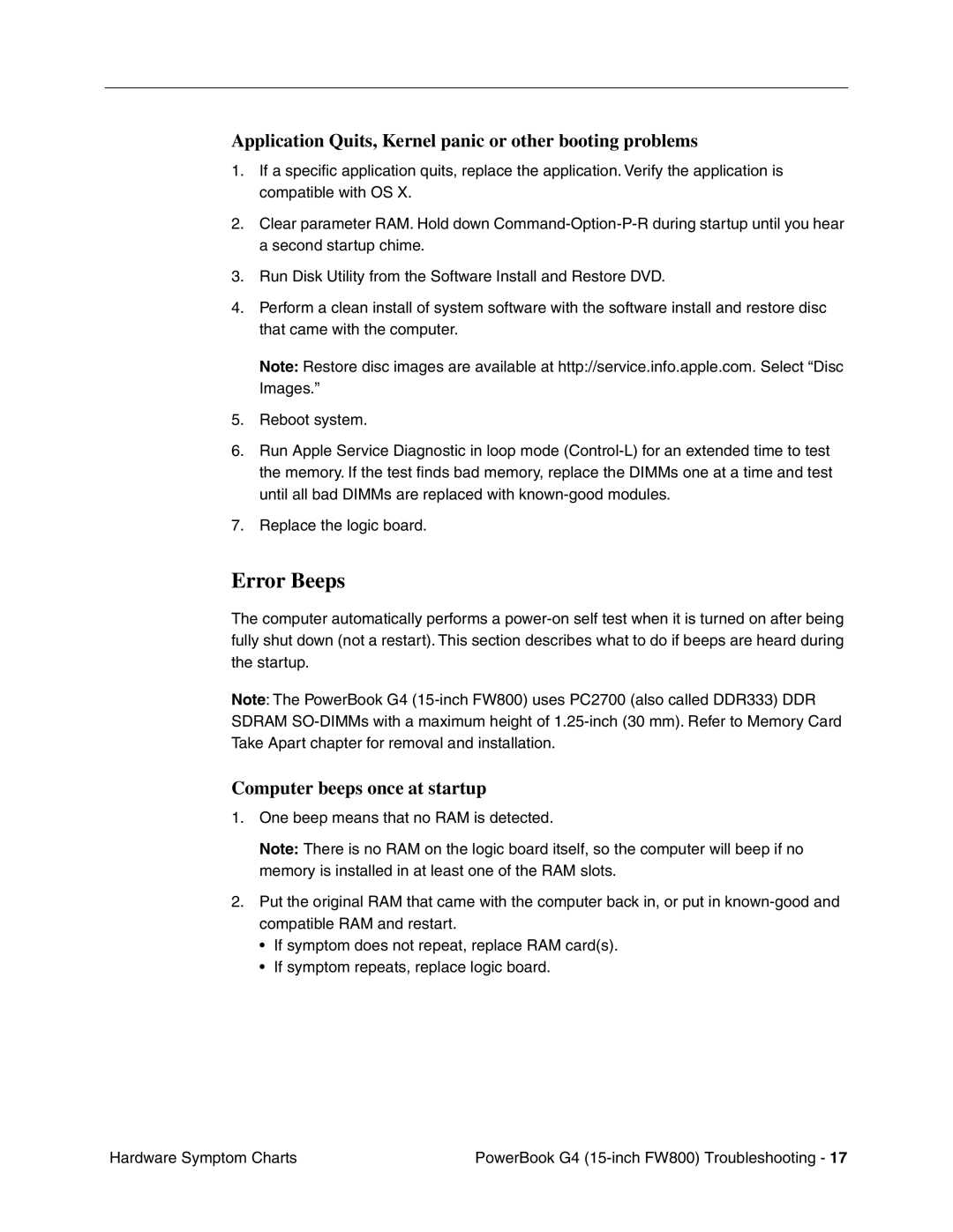 Apple FW800 manual Error Beeps, Application Quits, Kernel panic or other booting problems, Computer beeps once at startup 