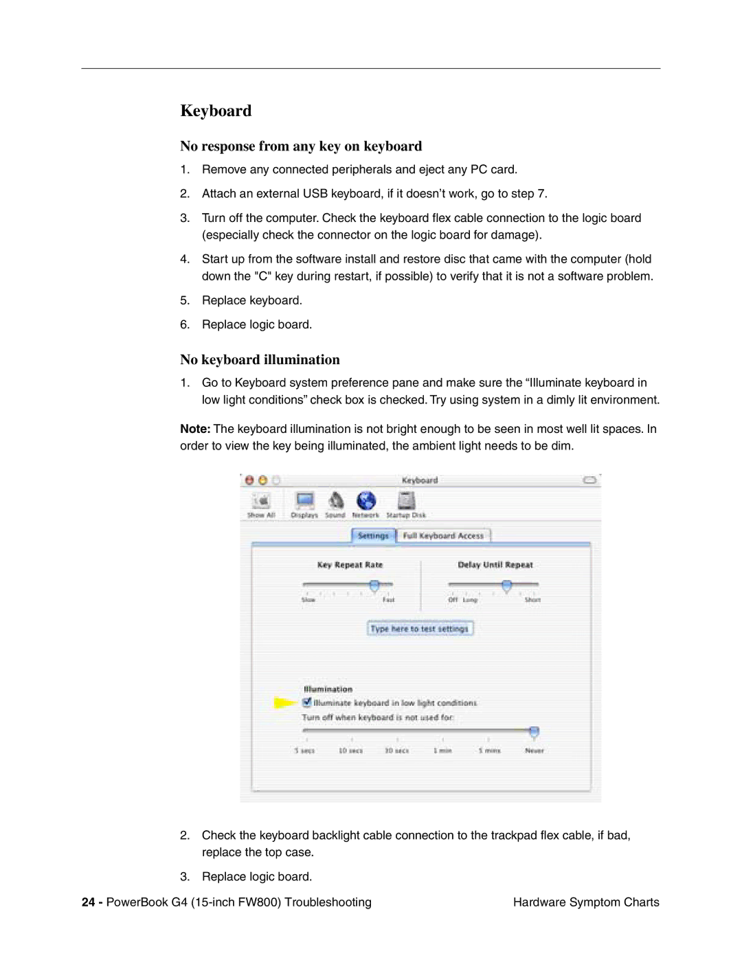 Apple FW800 manual Keyboard, No response from any key on keyboard, No keyboard illumination 