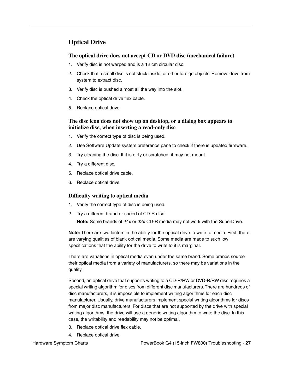Apple FW800 manual Optical Drive, Difﬁculty writing to optical media 