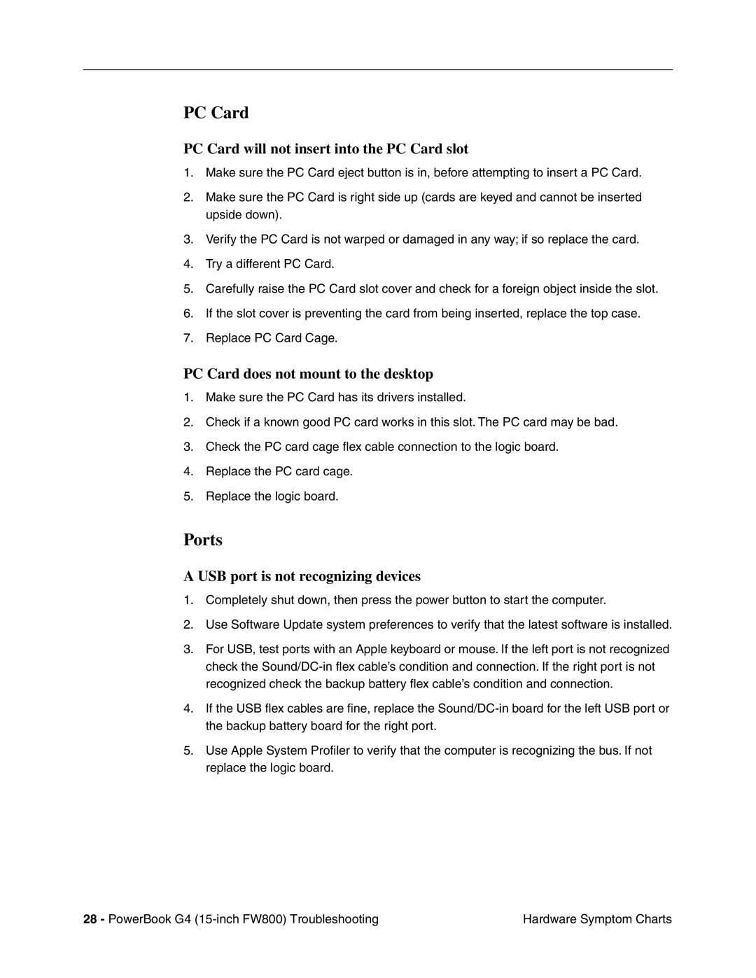 Apple FW800 manual Ports, PC Card will not insert into the PC Card slot, PC Card does not mount to the desktop 