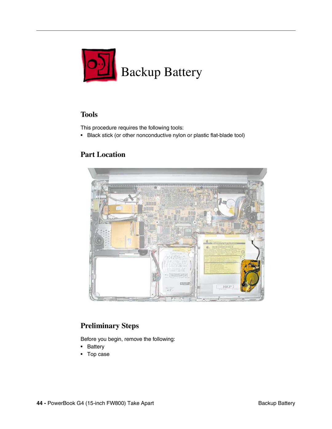 Apple FW800 manual Backup Battery, Tools 