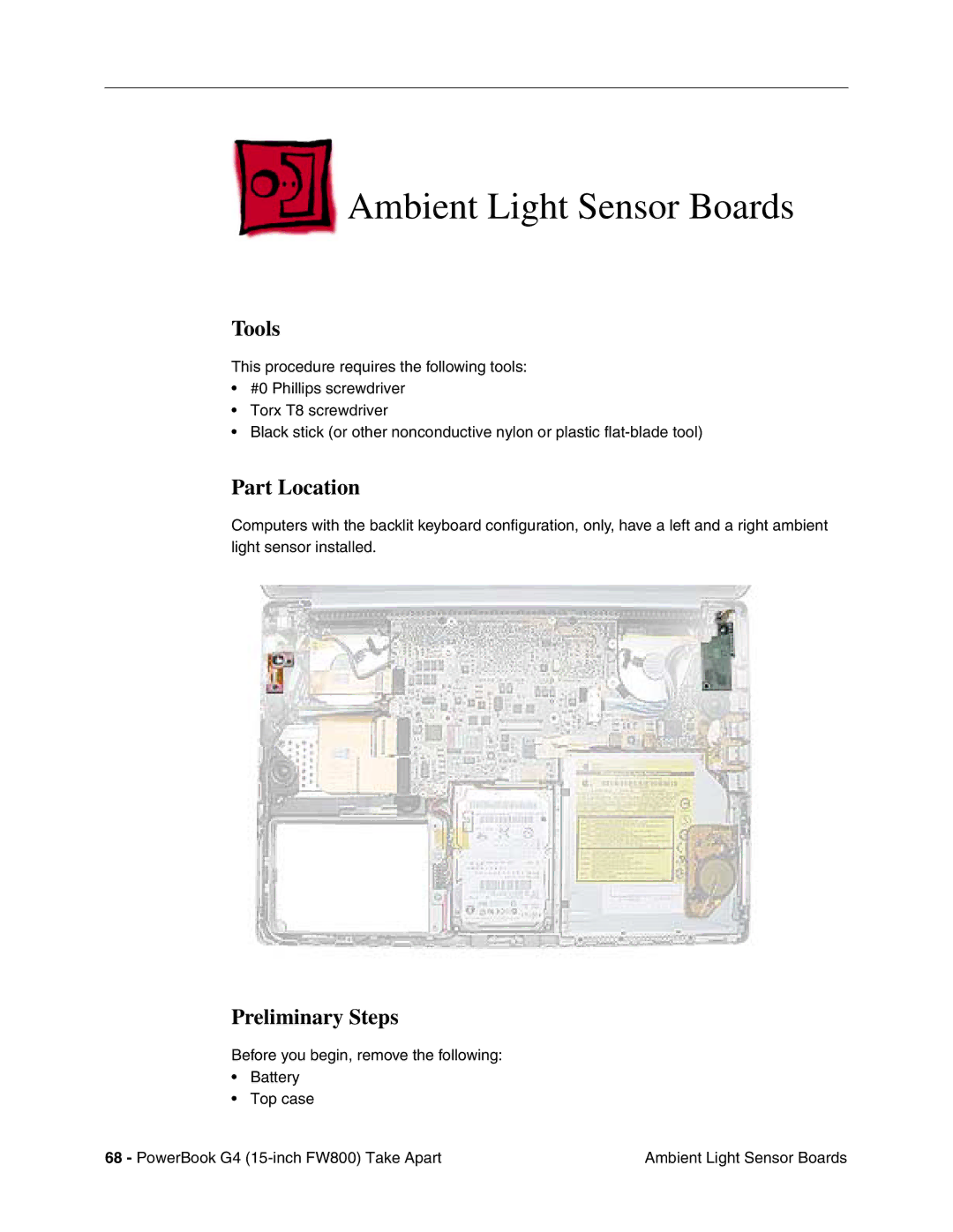 Apple FW800 manual Ambient Light Sensor Boards, Tools 