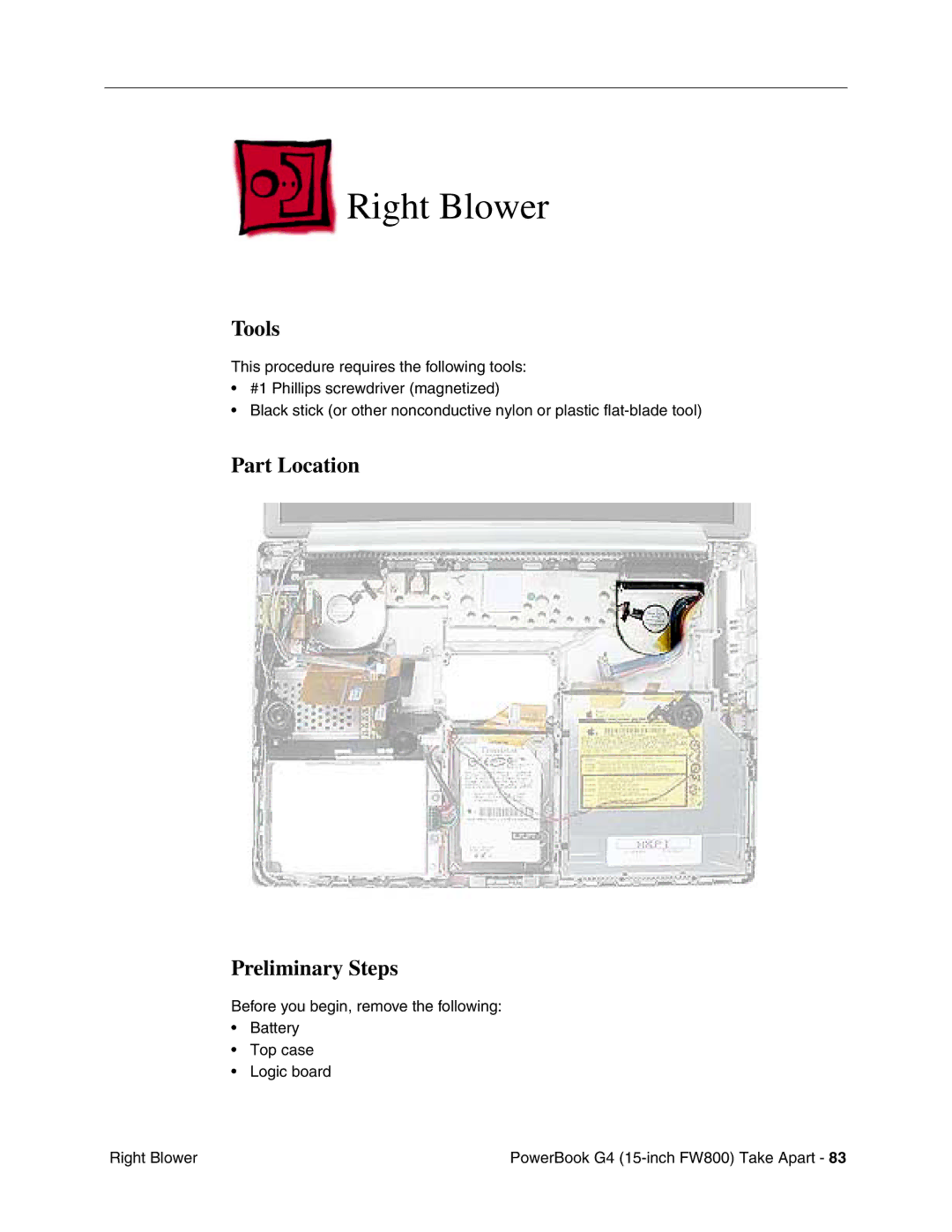 Apple FW800 manual Right Blower, Tools 