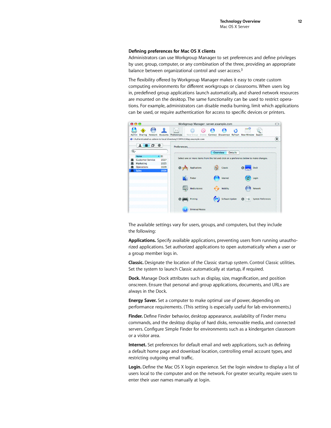 Apple G0442 manual Dening preferences for Mac OS X clients 