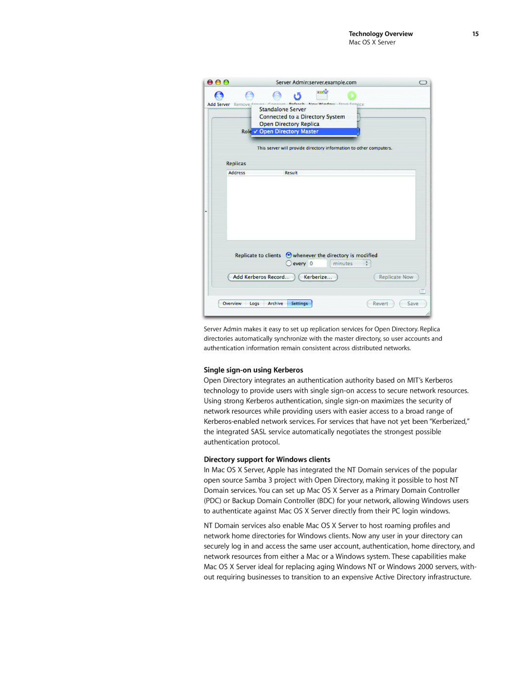 Apple G0442 Single sign-on using Kerberos, Directory support for Windows clients, Technology Overview Mac OS X Server 