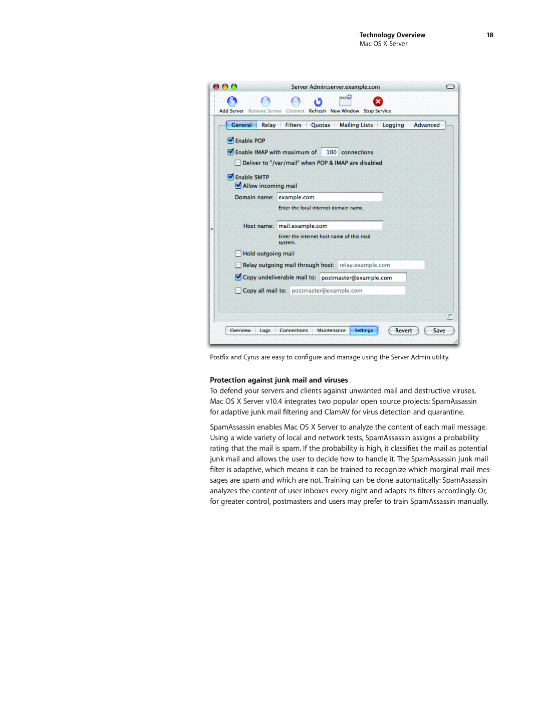 Apple G0442 manual Protection against junk mail and viruses, Technology Overview Mac OS X Server 