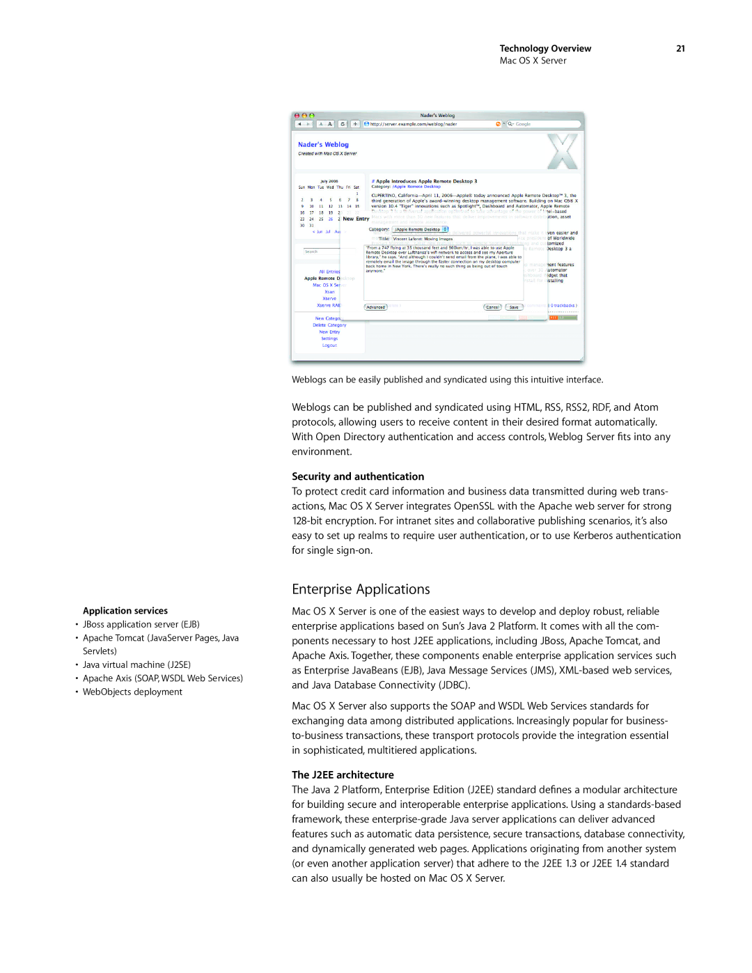 Apple G0442 manual Enterprise Applications, Security and authentication, J2EE architecture, Application services 