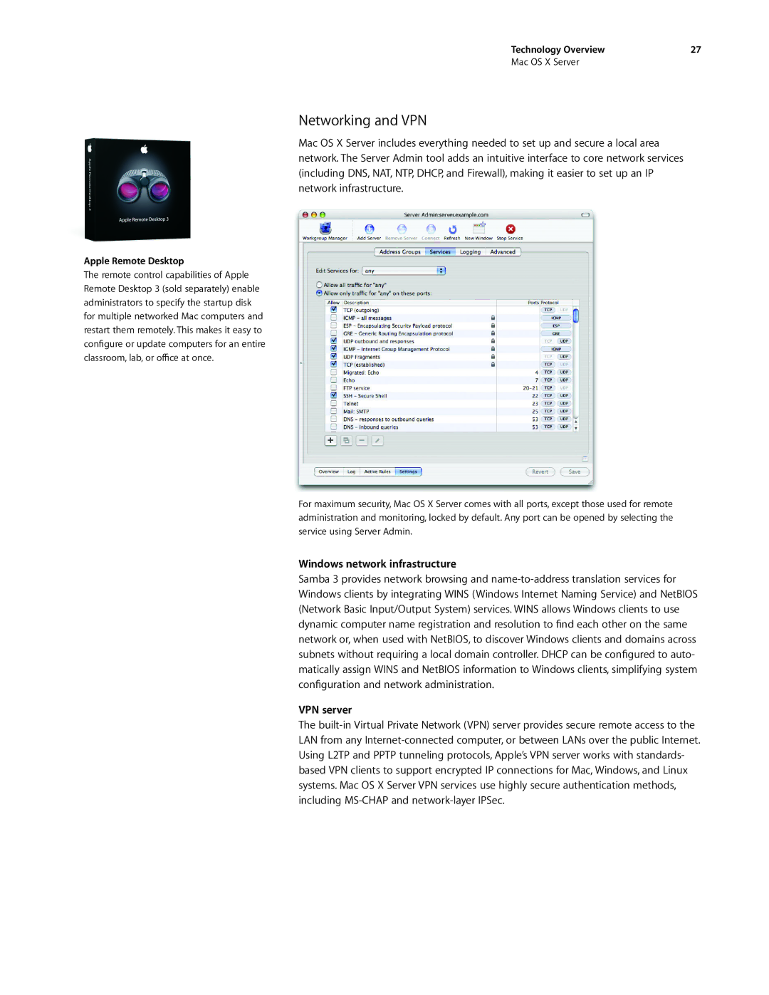 Apple G0442 manual Networking and VPN, Windows network infrastructure, VPN server, Apple Remote Desktop 