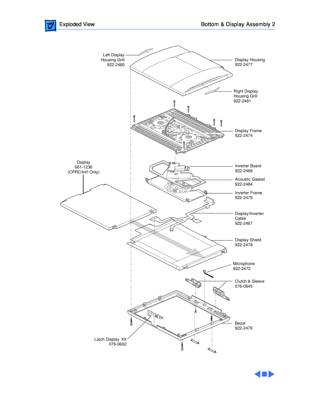 Apple G3 Exploded View, Bottom & Display Assembly, Left Display Housing Grill 922-2480 Display 661-1236 CPRC/Intl Only 