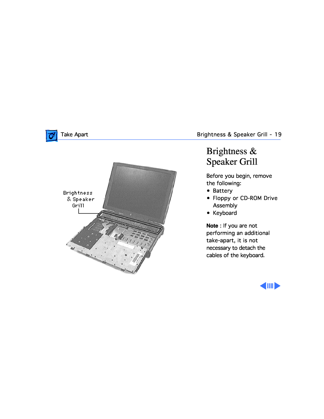 Apple G3 manual Brightness Speaker Grill, Take ApartBrightness & Speaker Grill, Floppy or CD-ROM Drive Assembly Keyboard 