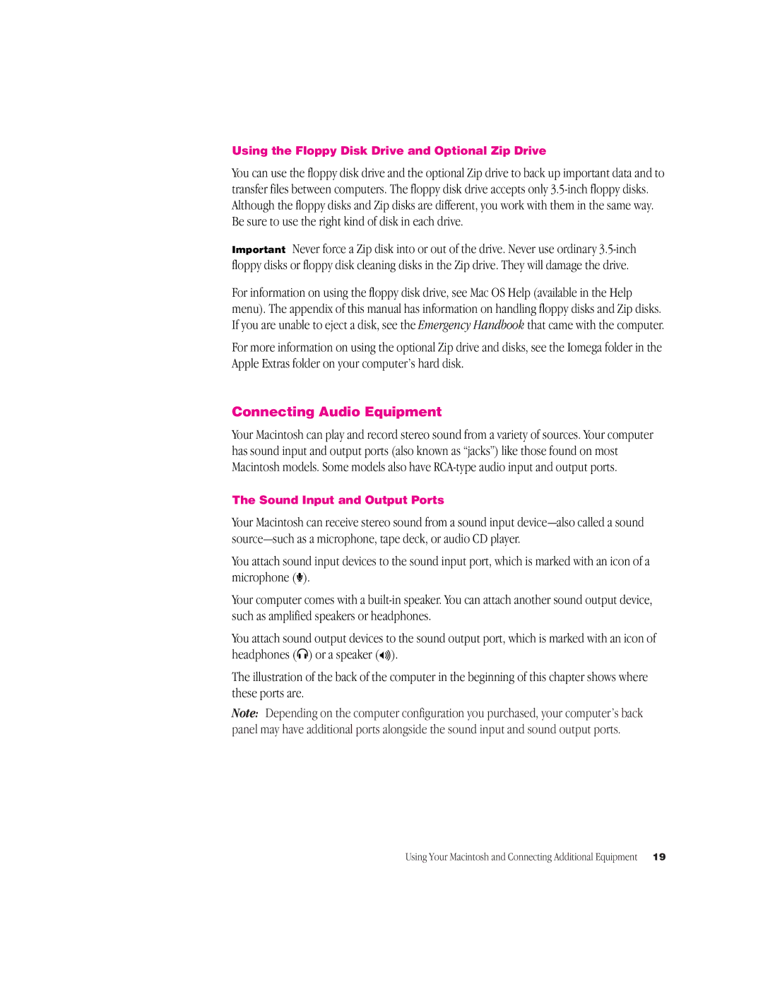 Apple G3 Minitower manual Connecting Audio Equipment, Using the Floppy Disk Drive and Optional Zip Drive 