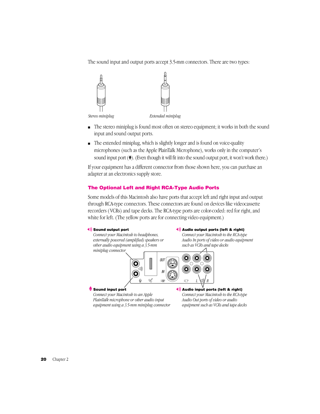 Apple G3 Minitower manual Optional Left and Right RCA-Type Audio Ports, Stereo miniplug 