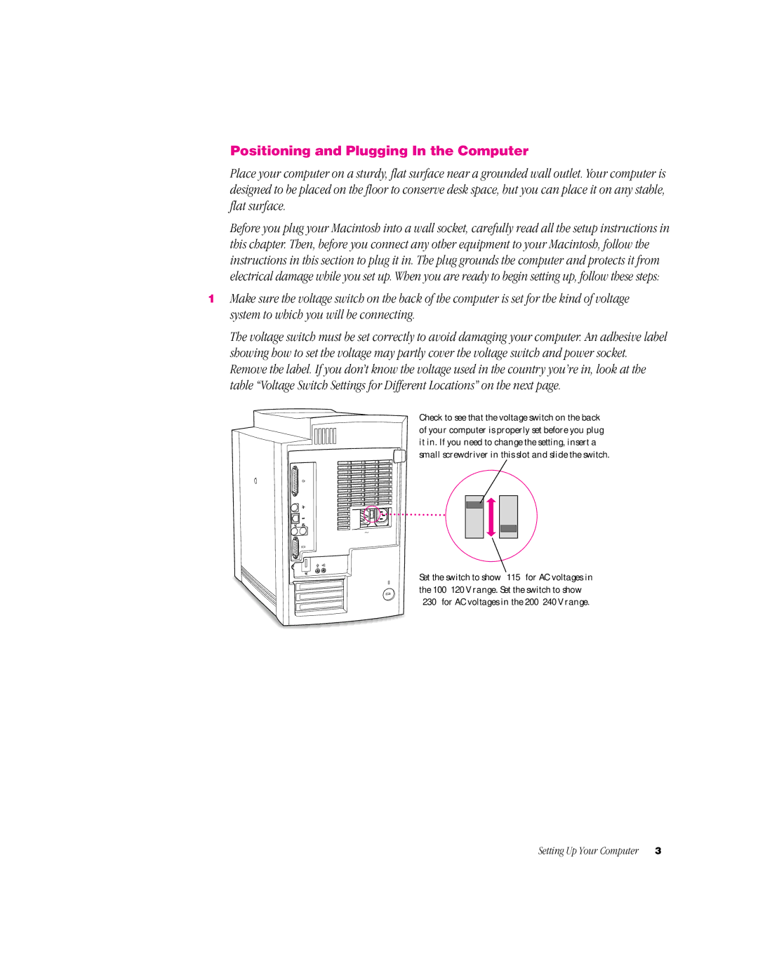 Apple G3 Minitower manual Positioning and Plugging In the Computer, Setting Up Your Computer 