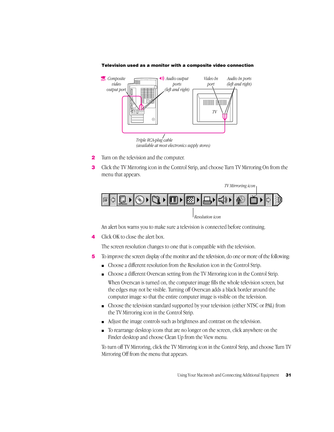 Apple G3 Minitower manual Composite Video Output port Audio output, TV Mirroring icon Resolution icon 