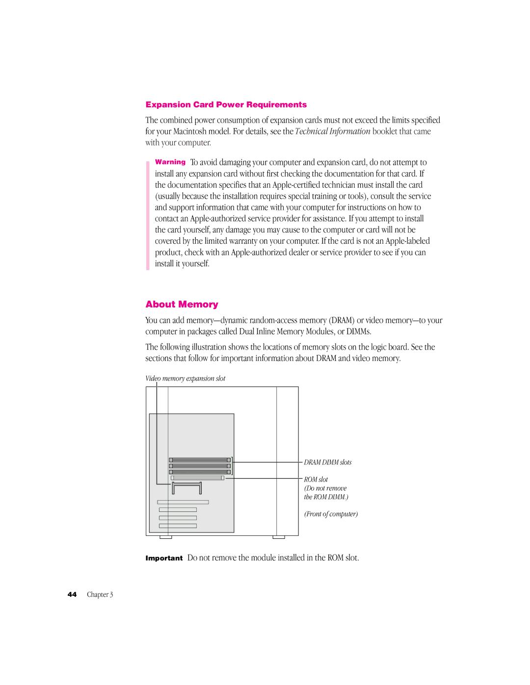 Apple G3 Minitower About Memory, Expansion Card Power Requirements, Video memory expansion slot Dram Dimm slots ROM slot 