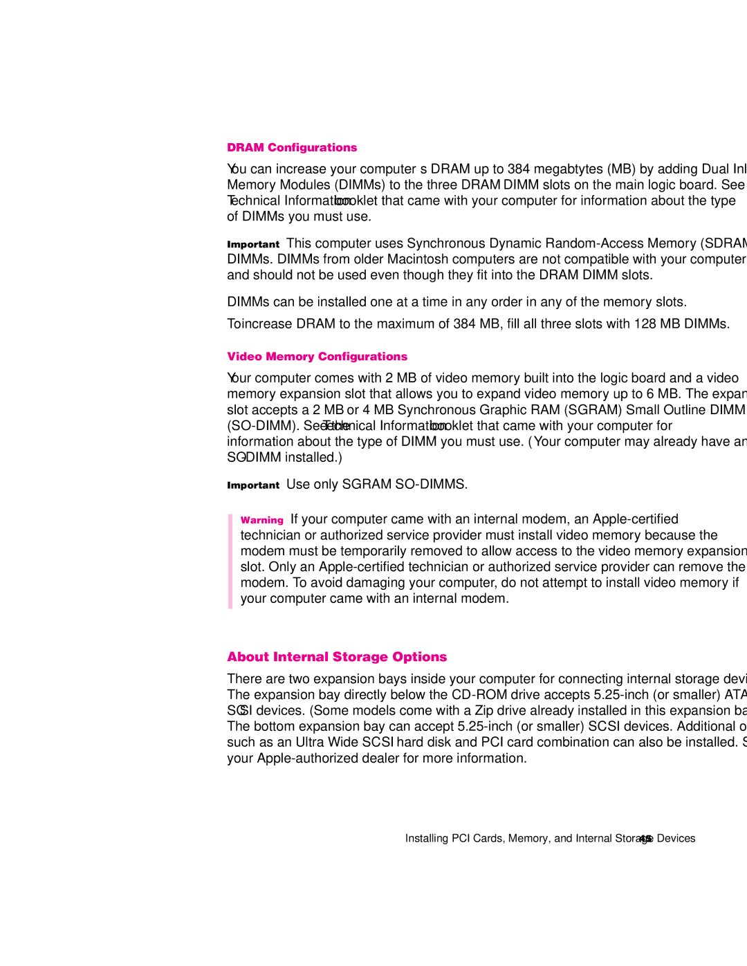 Apple G3 Minitower manual Important Use only Sgram SO-DIMMS, About Internal Storage Options, Dram Configurations 