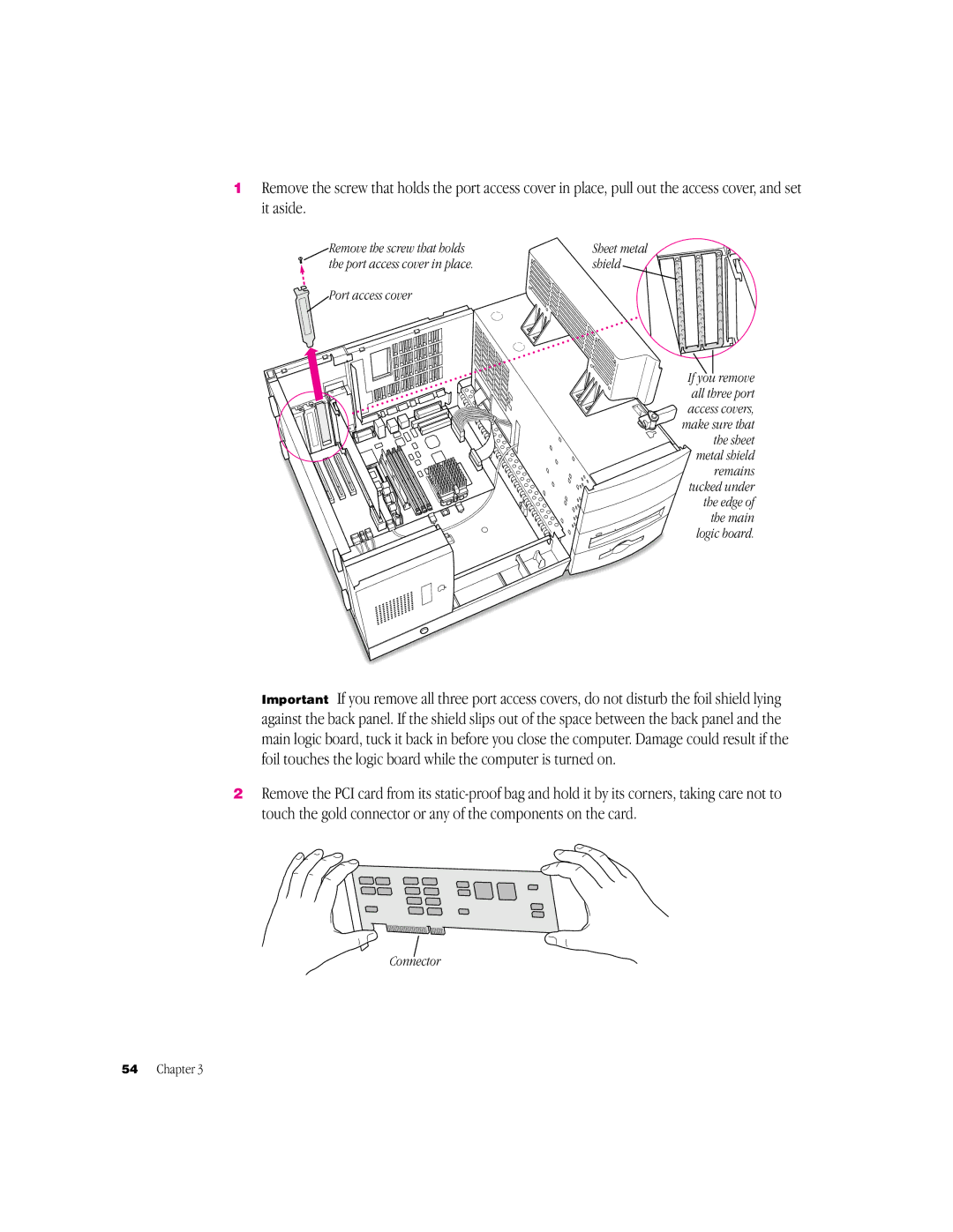 Apple G3 Minitower manual Remove the screw that holds, Port access cover in place Shield, Connector 