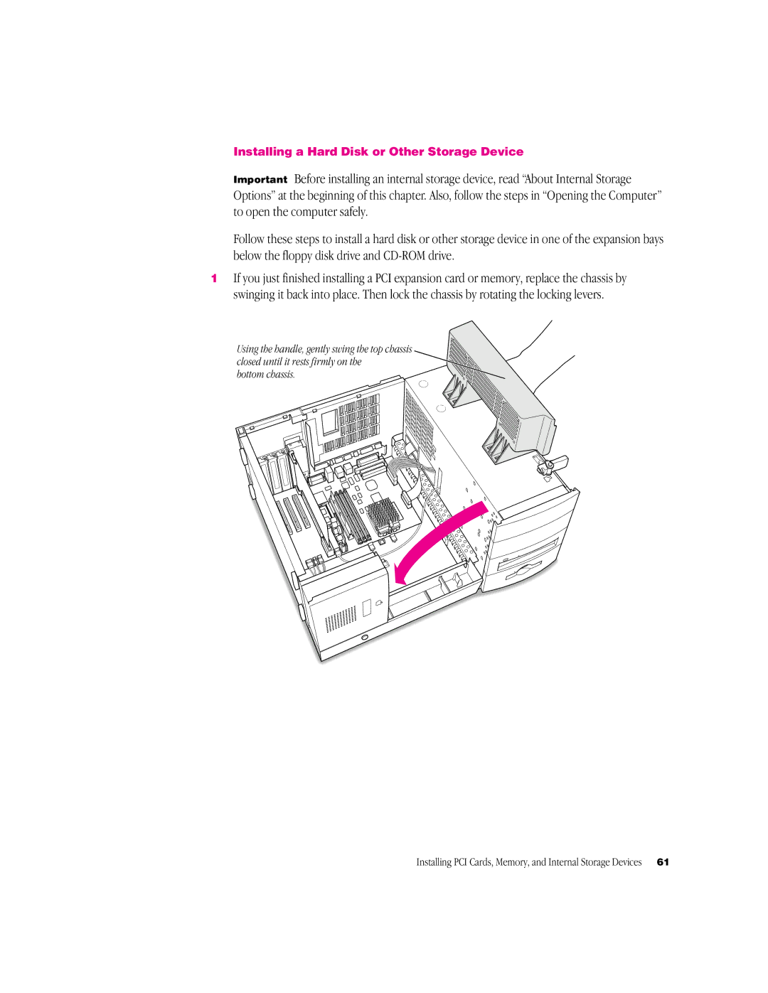 Apple G3 Minitower manual Installing a Hard Disk or Other Storage Device, Bottom chassis 