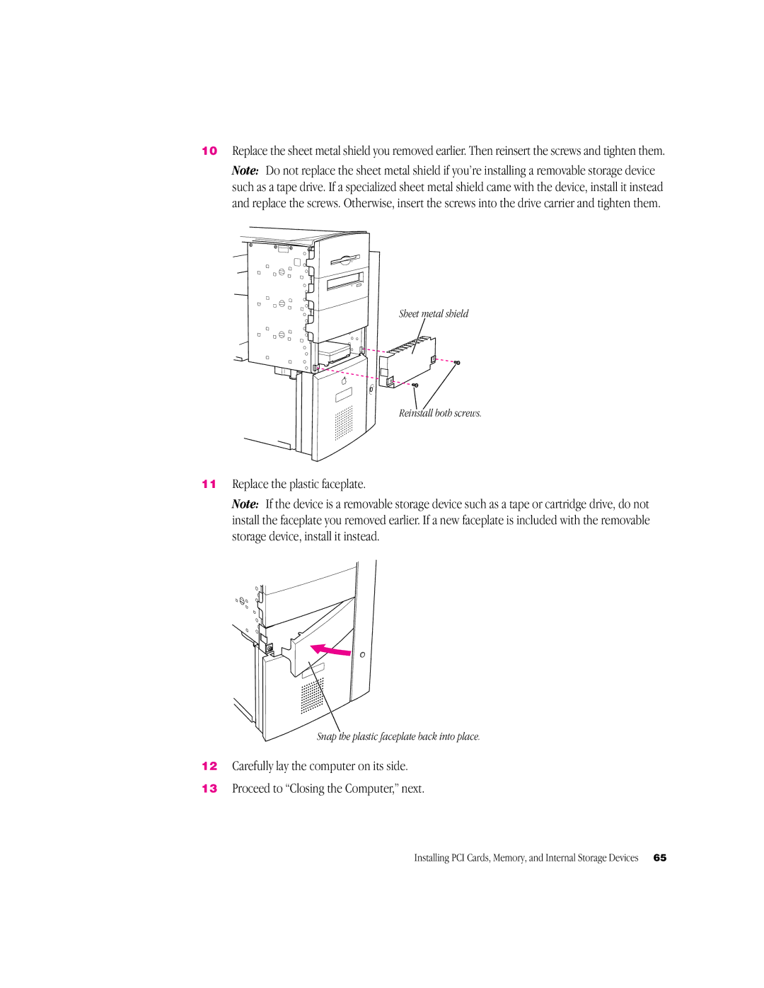 Apple G3 Minitower manual Replace the plastic faceplate, Sheet metal shield Reinstall both screws 