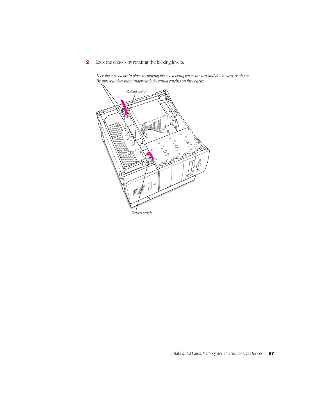 Apple G3 Minitower manual Lock the chassis by rotating the locking levers, Raised catch 