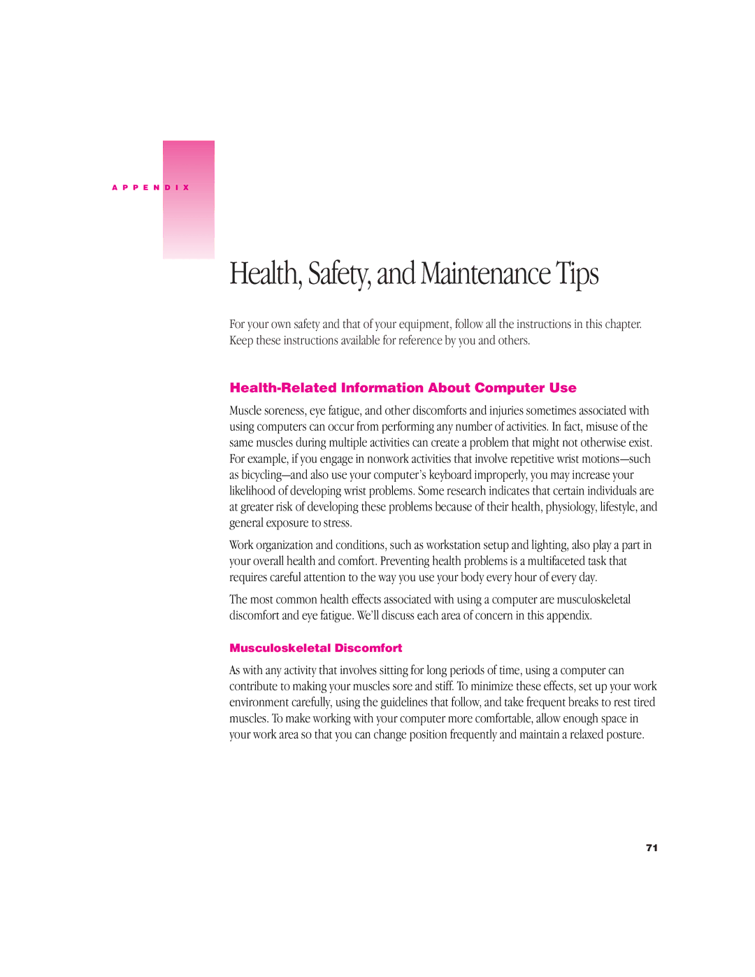 Apple G3 Minitower manual Health-Related Information About Computer Use, Musculoskeletal Discomfort 