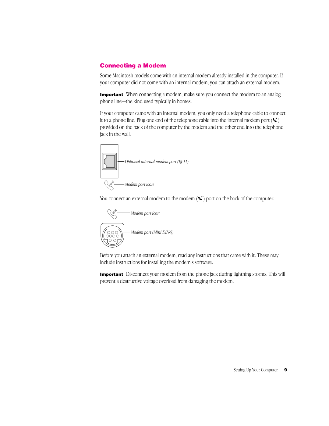 Apple G3 Minitower manual Connecting a Modem, Optional internal modem port RJ-11 Modem port icon 