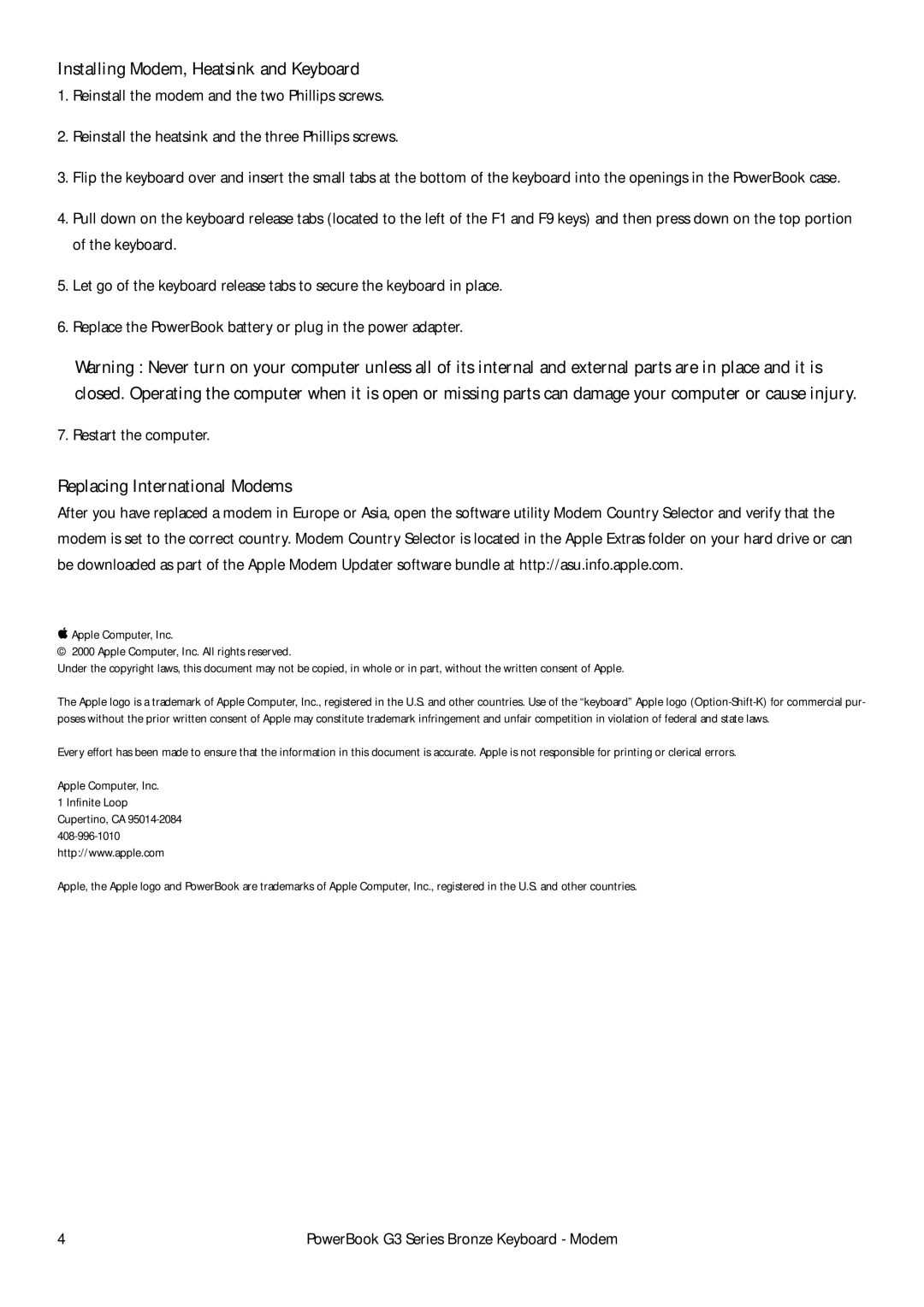 Apple G3 Series warranty Installing Modem, Heatsink and Keyboard, Replacing International Modems 