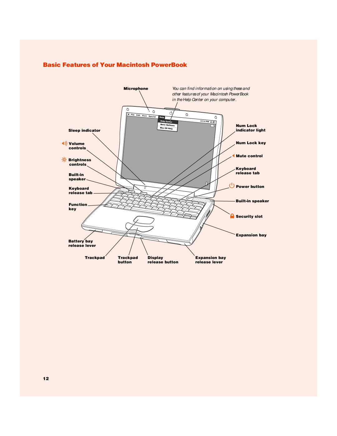 Apple G3 manual Basic Features of Your Macintosh PowerBook, in the Help Center on your computer, Microphone 