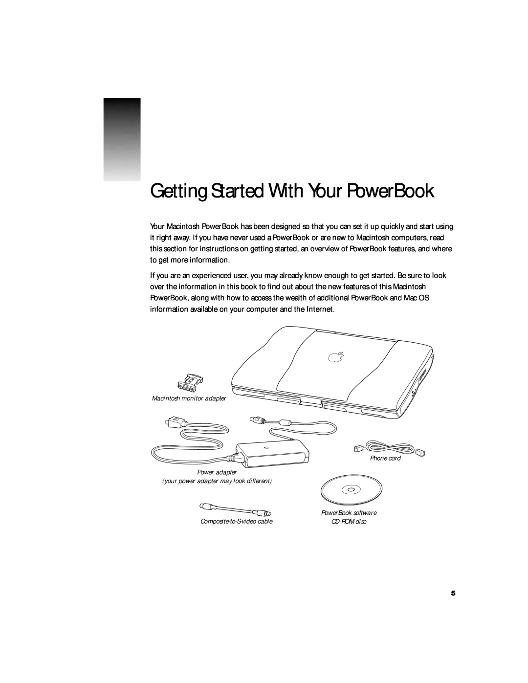 Apple G3 manual Getting Started With Your PowerBook, Macintosh monitor adapter Phone cord Power adapter 
