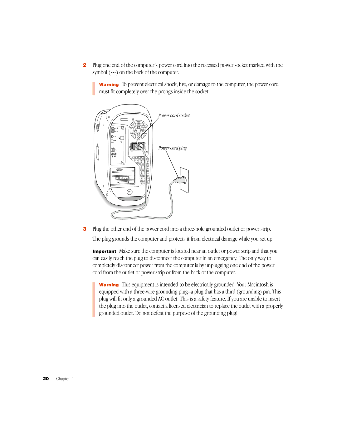 Apple G3 manual Power cord socket Power cord plug 