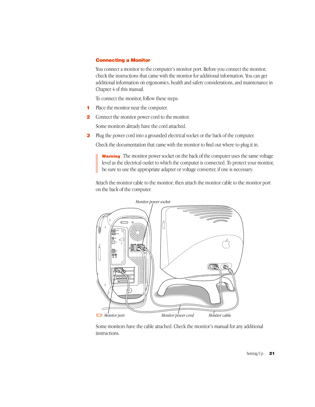 Apple G3 manual Connecting a Monitor, Monitor power socket Monitor port Monitor power cord 