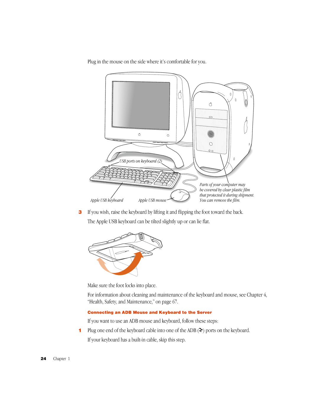 Apple G3 manual USB ports on keyboard, Apple USB keyboard Apple USB mouse You can remove the film 