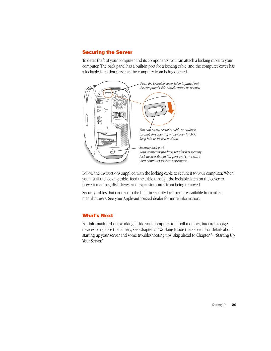 Apple G3 manual Securing the Server, What’s Next, Security lock port 