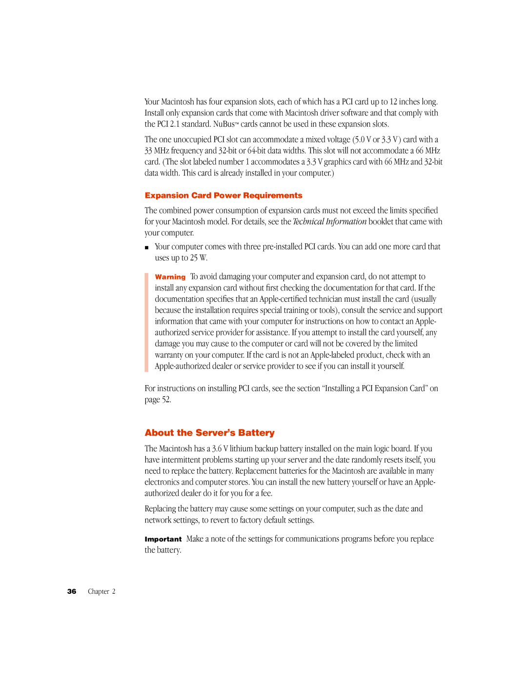 Apple G3 manual About the Server’s Battery, Expansion Card Power Requirements 