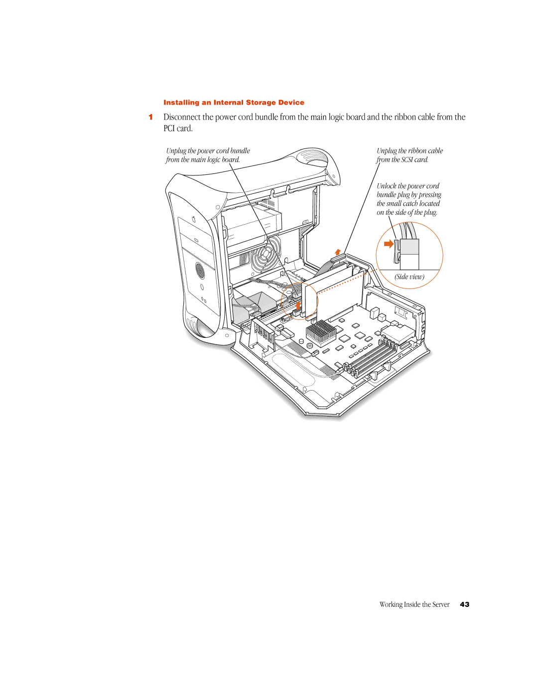 Apple G3 manual Unplug the power cord bundle, From the main logic board, Side view 