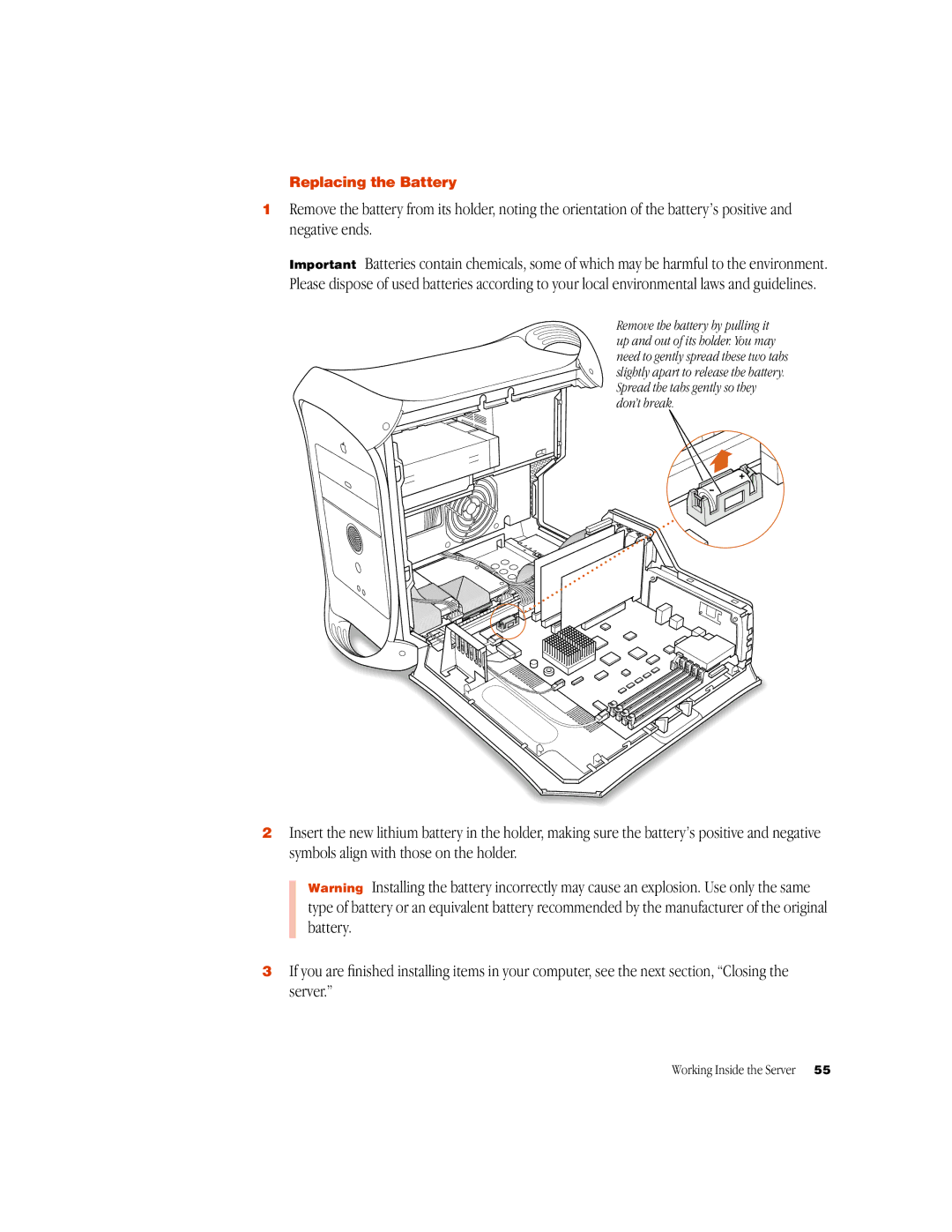 Apple G3 manual Replacing the Battery 