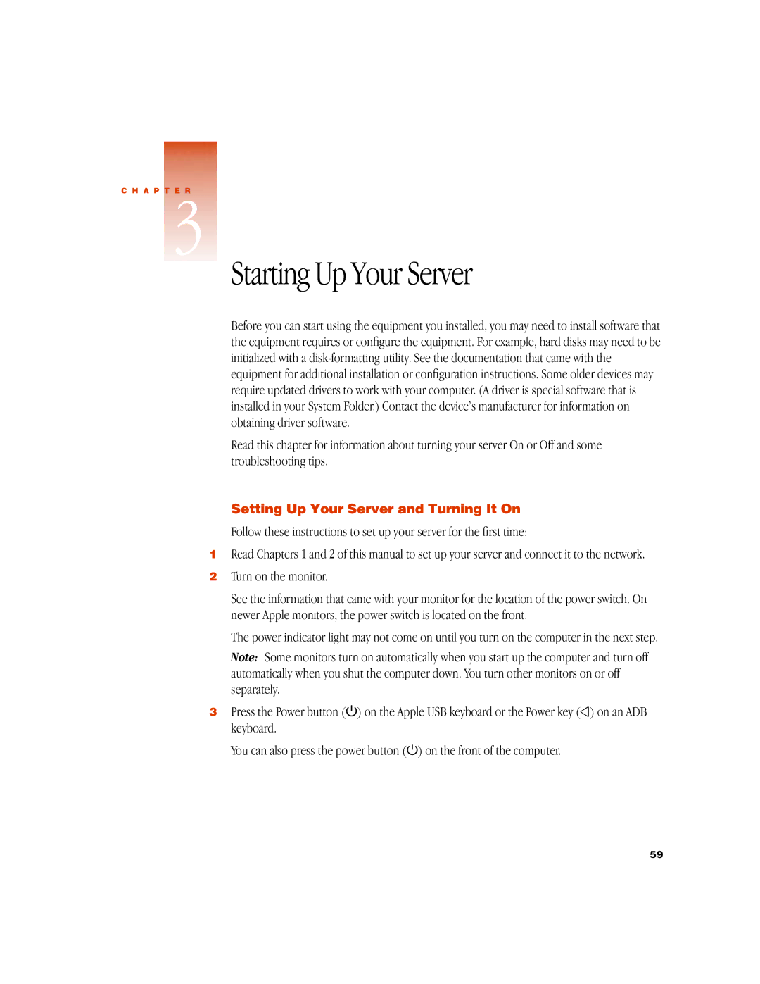 Apple G3 manual Setting Up Your Server and Turning It On, Turn on the monitor 