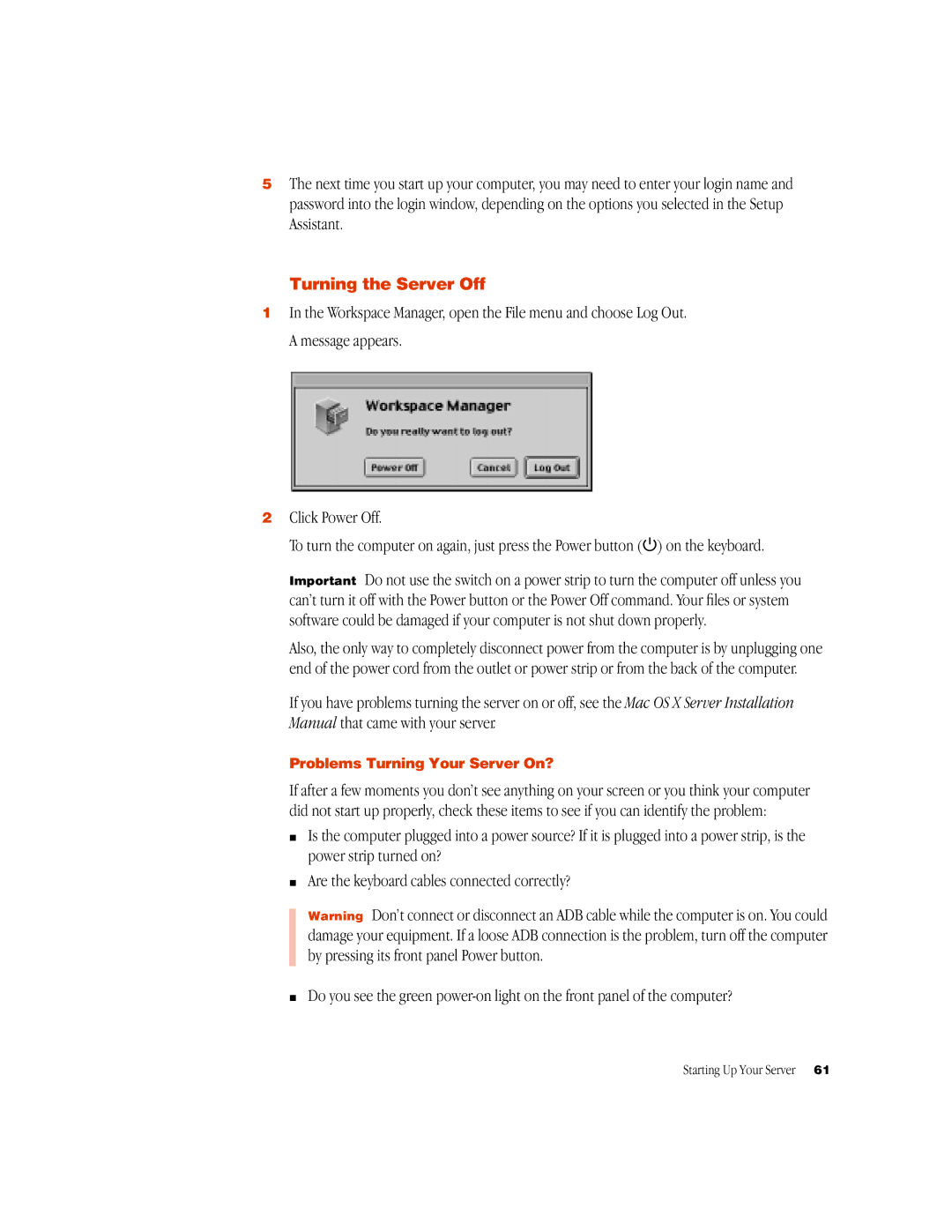 Apple G3 manual Turning the Server Off, Problems Turning Your Server On? 