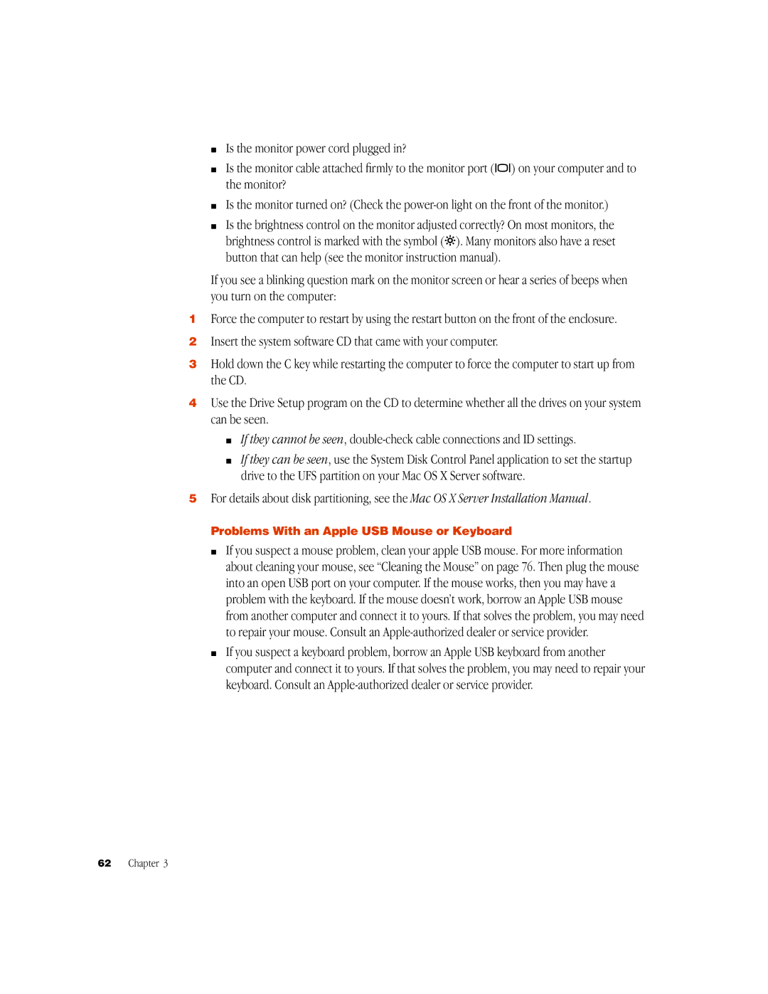 Apple G3 manual Problems With an Apple USB Mouse or Keyboard 