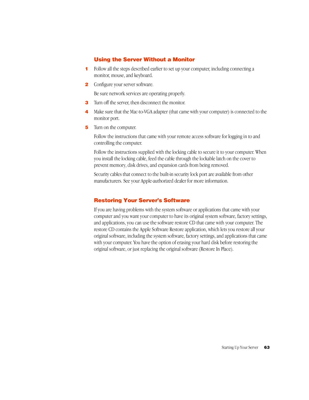 Apple G3 manual Using the Server Without a Monitor, Restoring Your Server’s Software 